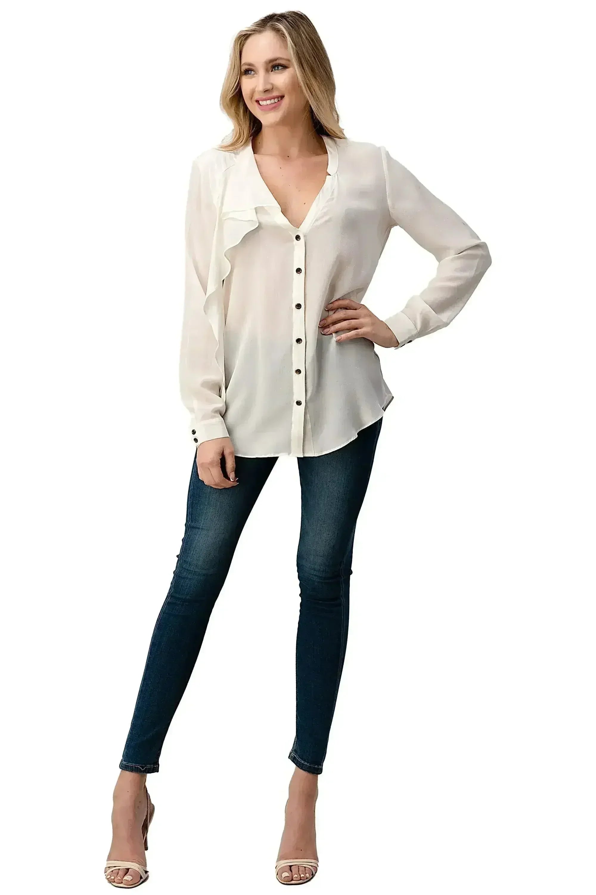 Silk Ruffle Blouse – Elegant Button-Up Shirt with Long Sleeves | Femstylo