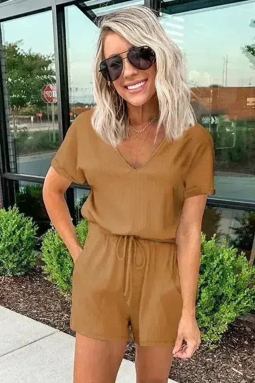Casual Brown Short Sleeve Pocketed Knit Romper