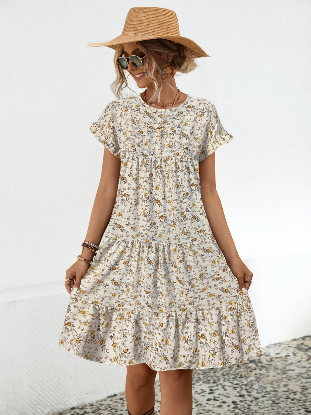 Floral Round Neck Short Sleeve Dress Elegant & Effortless Everyday Style Women Dress