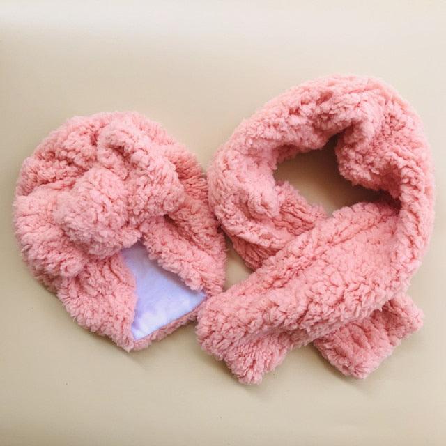 Baby Cotton Hat  Autumn Winter Children Scarf Hat Sets  Bowknot Ear Baby Girl Boy Warm Beanies Cap Neck Warmer Scarf Fleece Balaclava Hood Ski Mask Cold Weather Face Mask Neck Warmer Winter Nose Warmer
