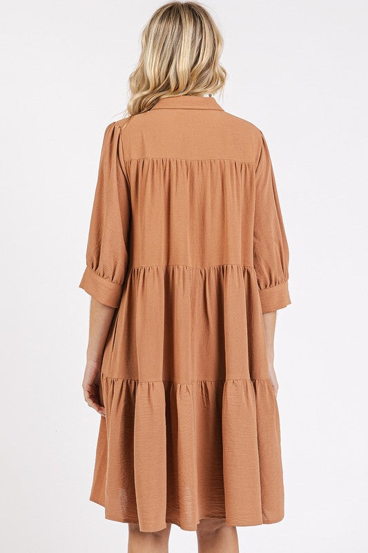 Button Detail Collared Neck Tiered Shirt Dress – Sophisticated and Versatile Dress with Classic Button Details and Flattering Tiered Silhouette