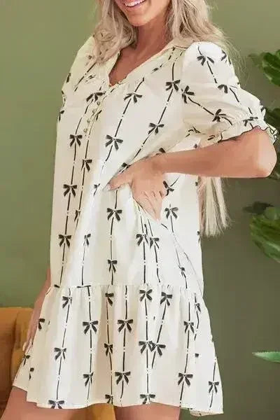 Frill Bow Print Notched Short Sleeve Mini Dress