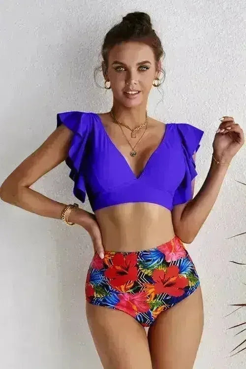 Floral Ruffled Bikini Set - High Waist Tropical Print | Femstylo