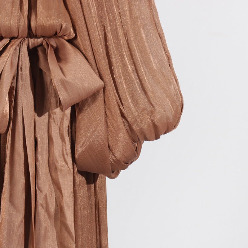Balloon Sleeve Tie-Neck Maxi Dress(MS303)