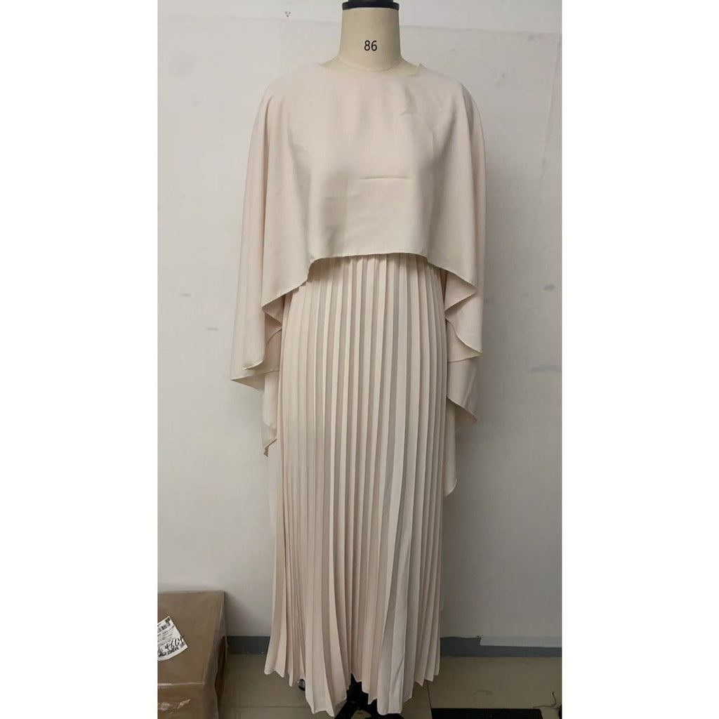 Bat Sleeve Pleated Maxi Dress | Cream White Cape Dress with Dramatic Bell Sleeves (MA241)