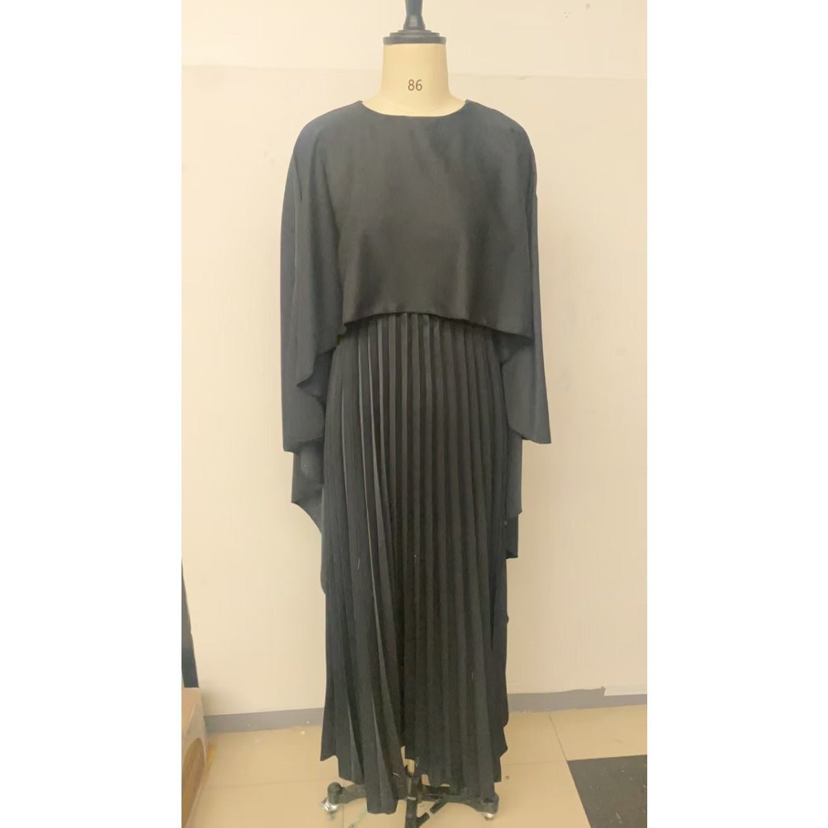 Bat Sleeve Pleated Maxi Dress | Cream White Cape Dress with Dramatic Bell Sleeves (MA241)
