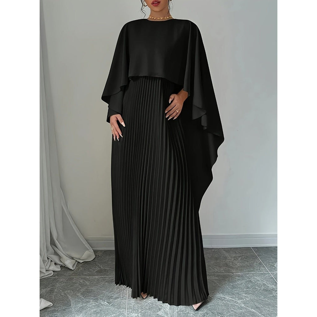 Bat Sleeve Pleated Maxi Dress | Cream White Cape Dress with Dramatic Bell Sleeves (MA241)