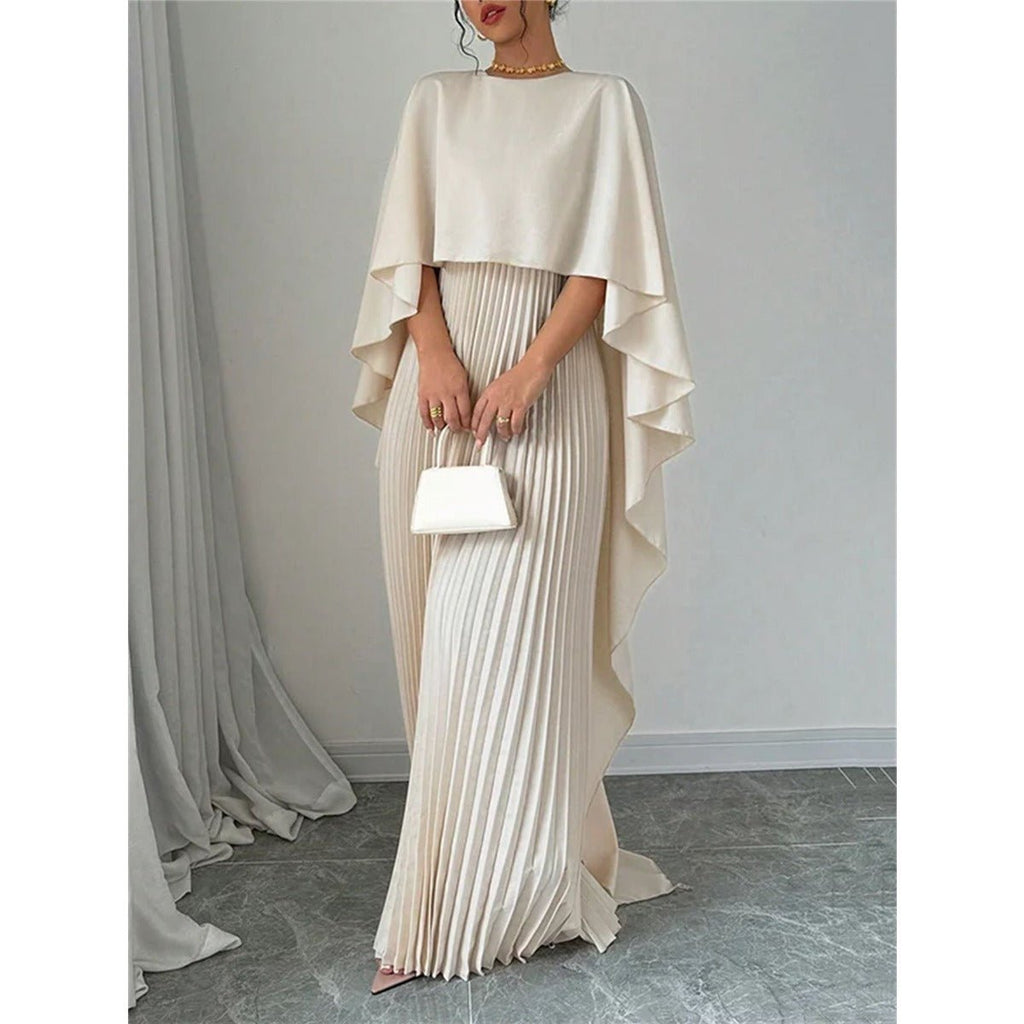 Bat Sleeve Pleated Maxi Dress | Cream White Cape Dress with Dramatic Bell Sleeves (MA241)