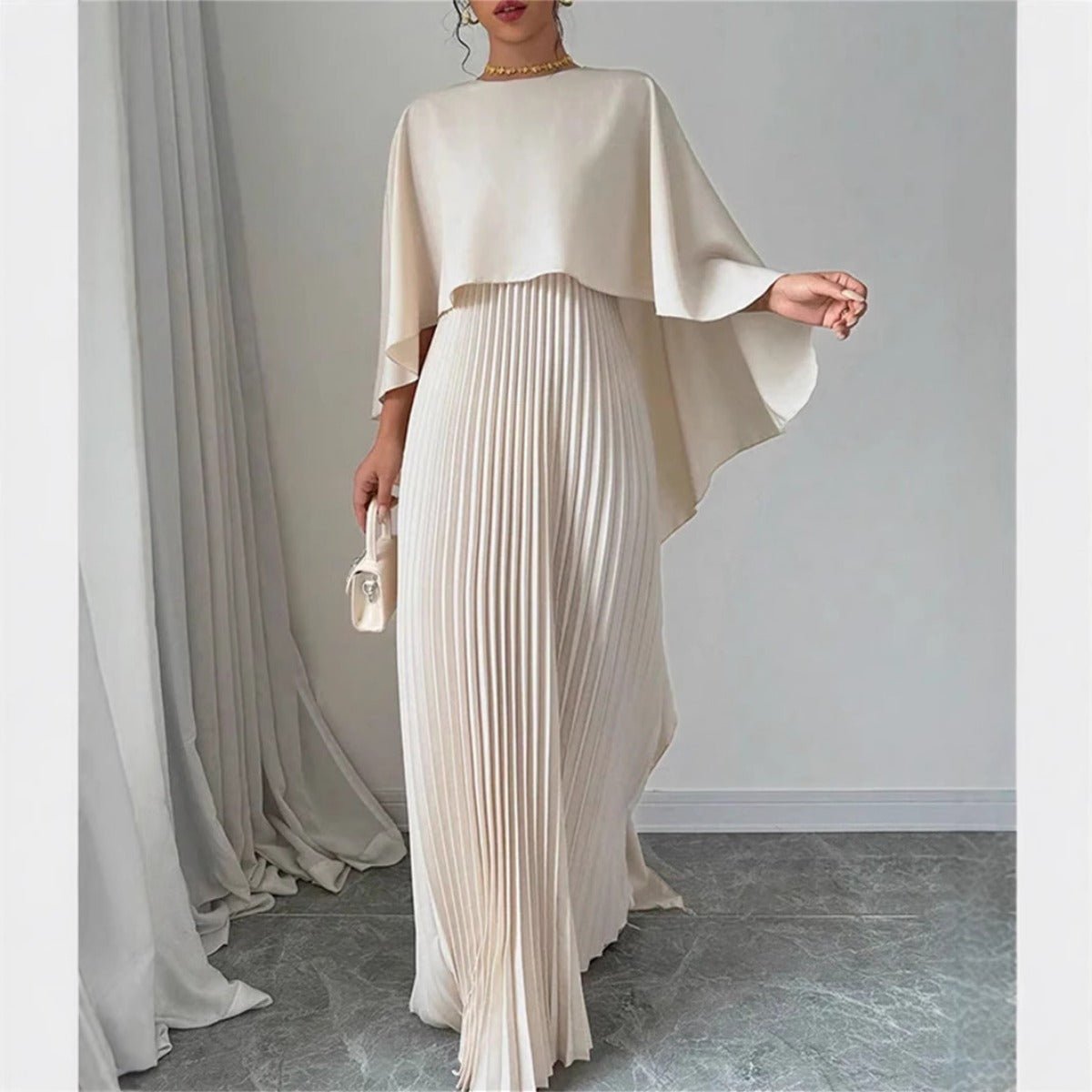 Bat Sleeve Pleated Maxi Dress | Cream White Cape Dress with Dramatic Bell Sleeves (MA241)