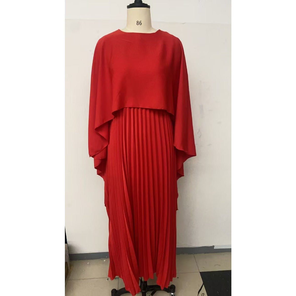 Bat Sleeve Pleated Maxi Dress | Cream White Cape Dress with Dramatic Bell Sleeves (MA241)