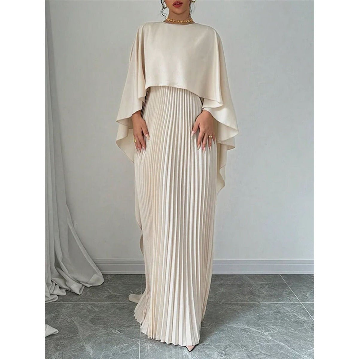 Bat Sleeve Pleated Maxi Dress | Cream White Cape Dress with Dramatic Bell Sleeves (MA241)