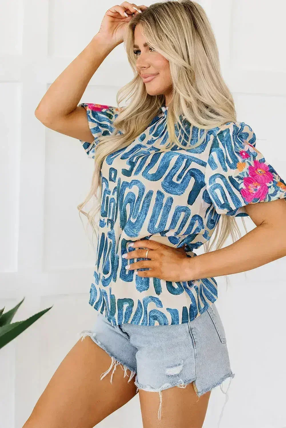Beige Embroidered Puff Sleeve Frilled Neck Printed Top | Femstylo