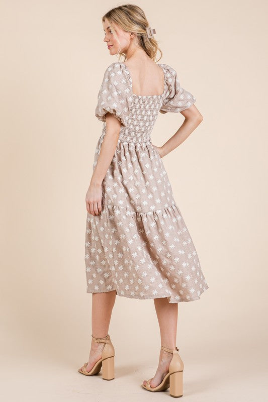 New Floral Embroidered Smocked Puff Sleeve Tiered Midi Dress For Women Elegant,Charming and Feminine Floral Embroidered Midi Dress with Puff Sleeves and Tiered Design