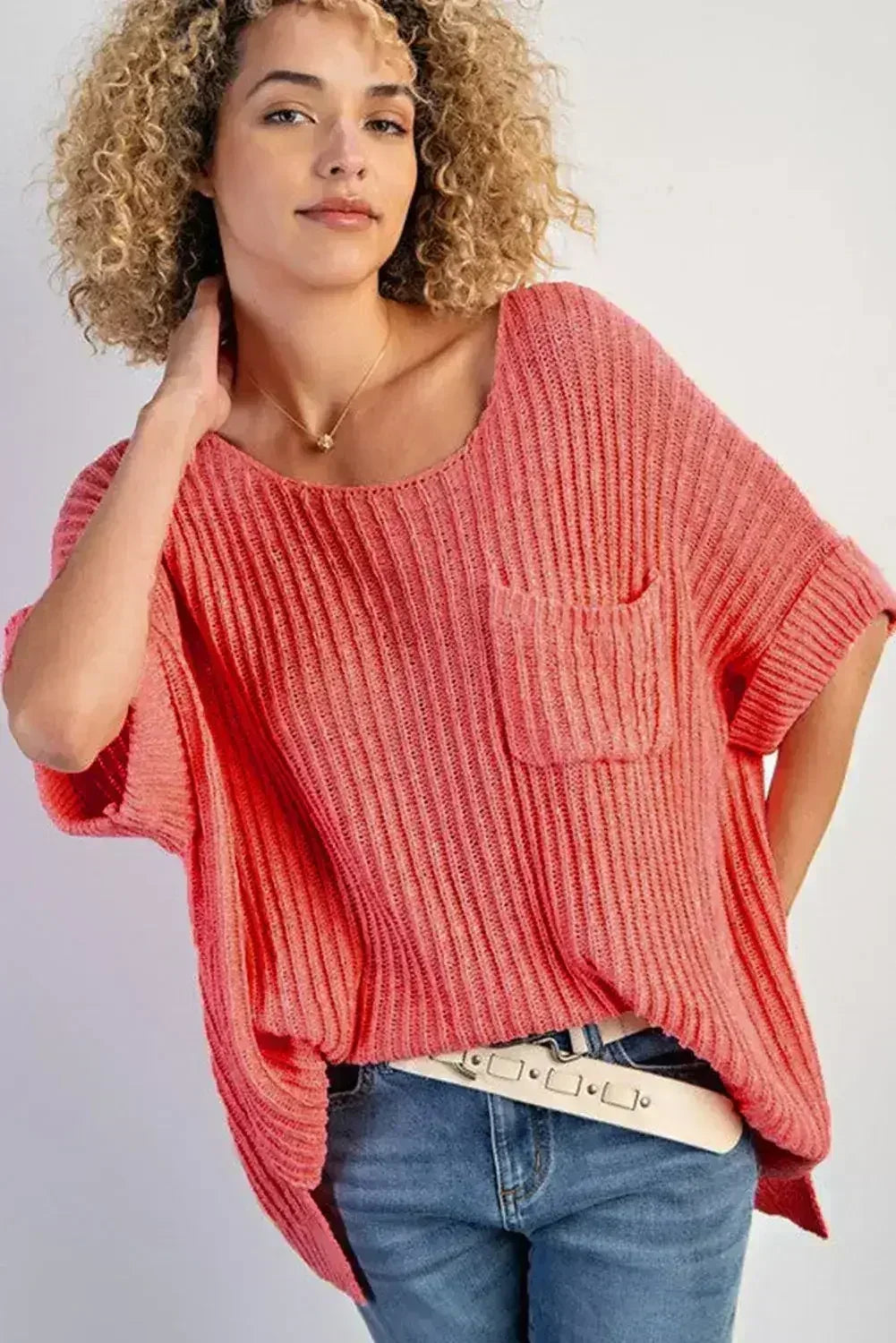 Salmon Rolled Cuff Knit Tee - Oversized Comfort | Femstylo