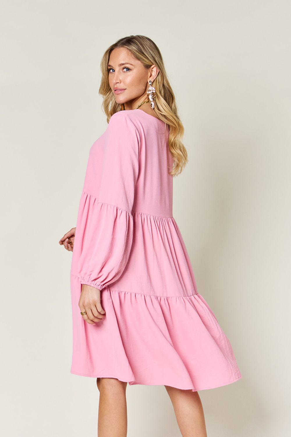 Light Green Double Take Full Size V-Neck Sleeve Tiered Dress with Pockets Elegant & Comfortable Casual Dress