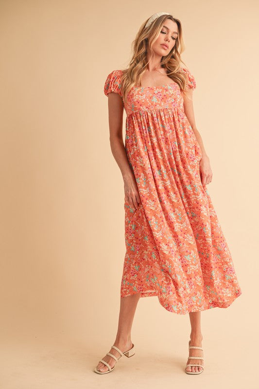 Cutout Back Floral Square Neck Puff Sleeve Midi Summer Dress For Women – Elegant & Feminine with Modern Details, Perfect for Special Occasions