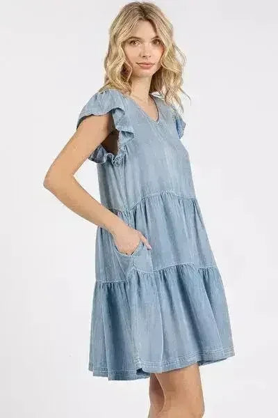 Feminine V-Neck Mini Dress – Ruffled Sleeves & Tencel Fabric | Femstylo