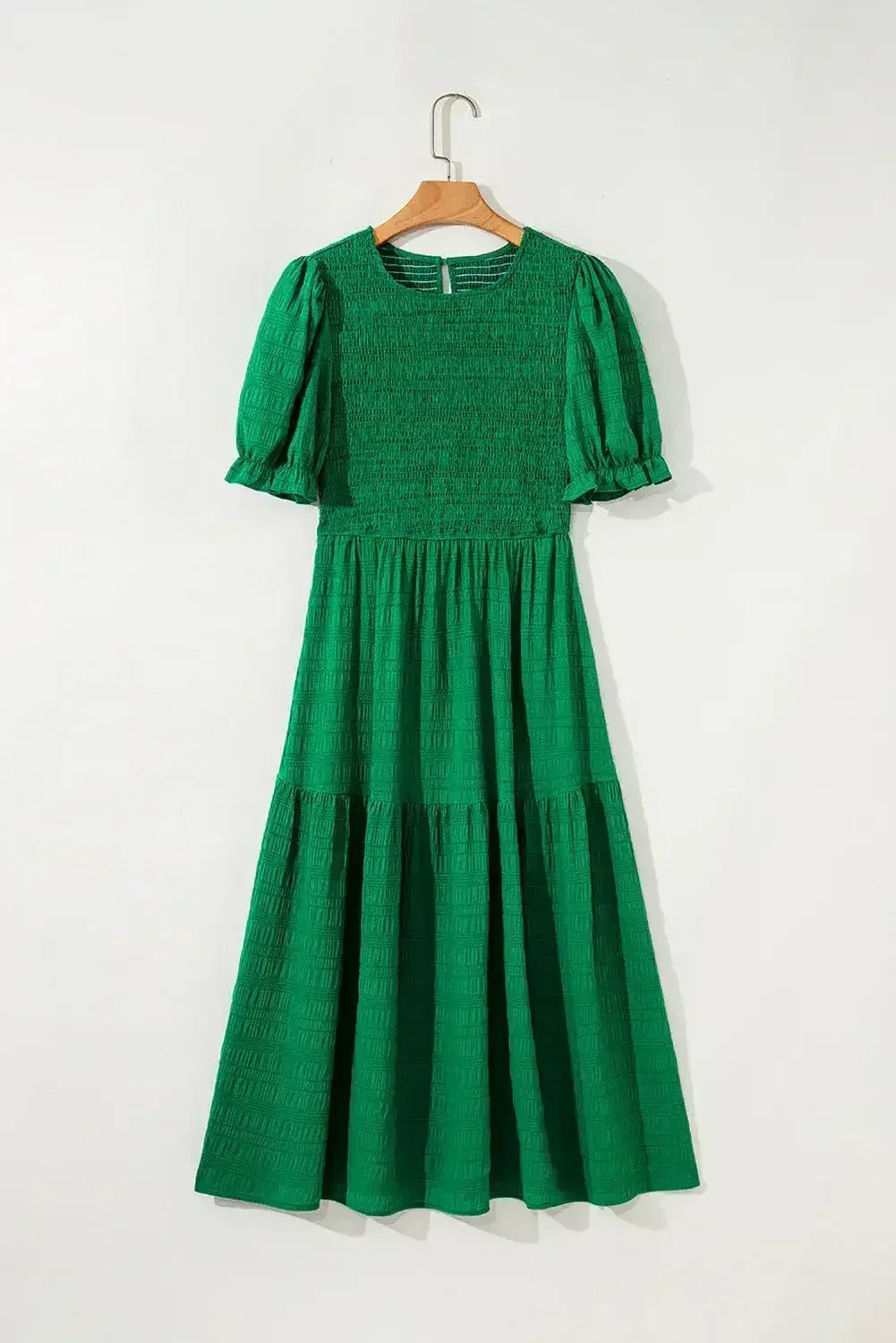 Sail Blue Solid Textured Smocked High Waist Midi Dress
