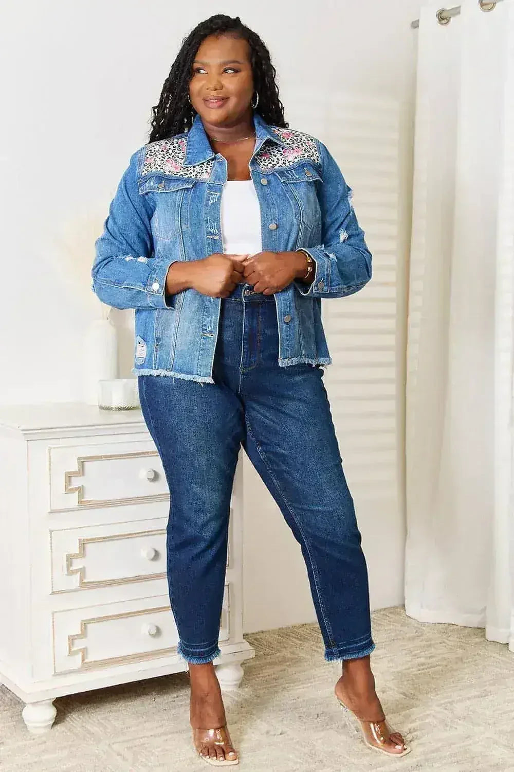 Leopard Floral Denim Jacket - Distressed Raw Hem | Femstylo