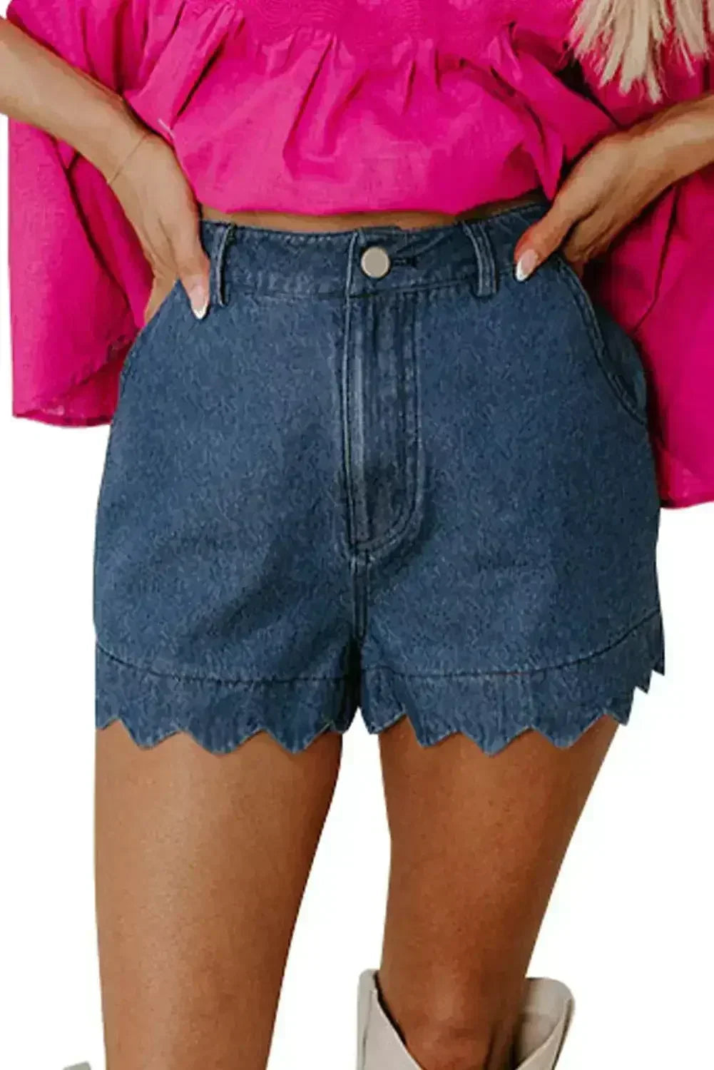 Sail Blue Scalloped Hemline Light Wash Denim Shorts