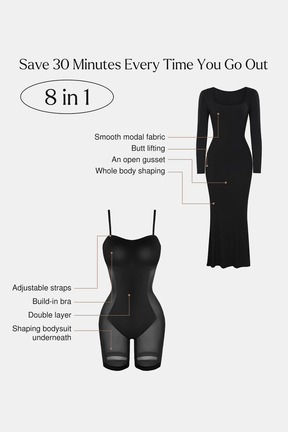 Caramel Built-In Shapewear Dress Square Neck Long Sleeve Maxi Dress Elegant Shapewear Dress For Women