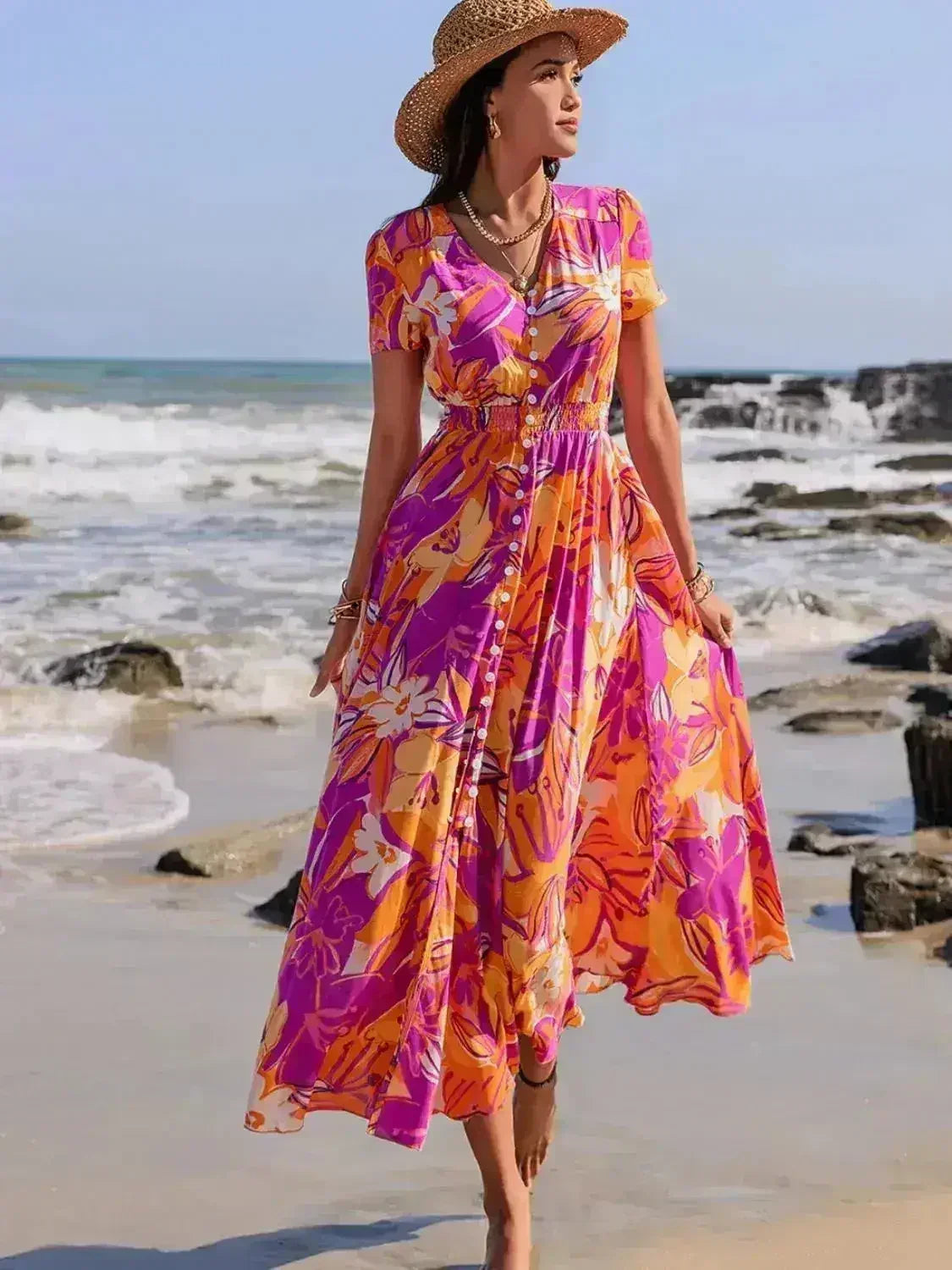 Printed V-Neck Midi Dress - Flowy Viscose Summer Dress | Femstylo