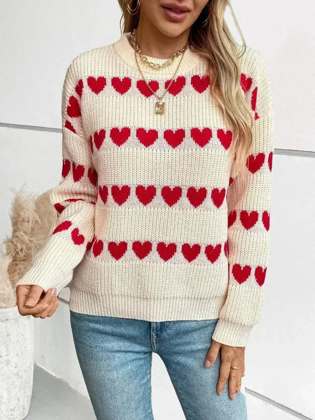 Heart Print Sweater - Oversized Round Neck Knit Top | Femstylo