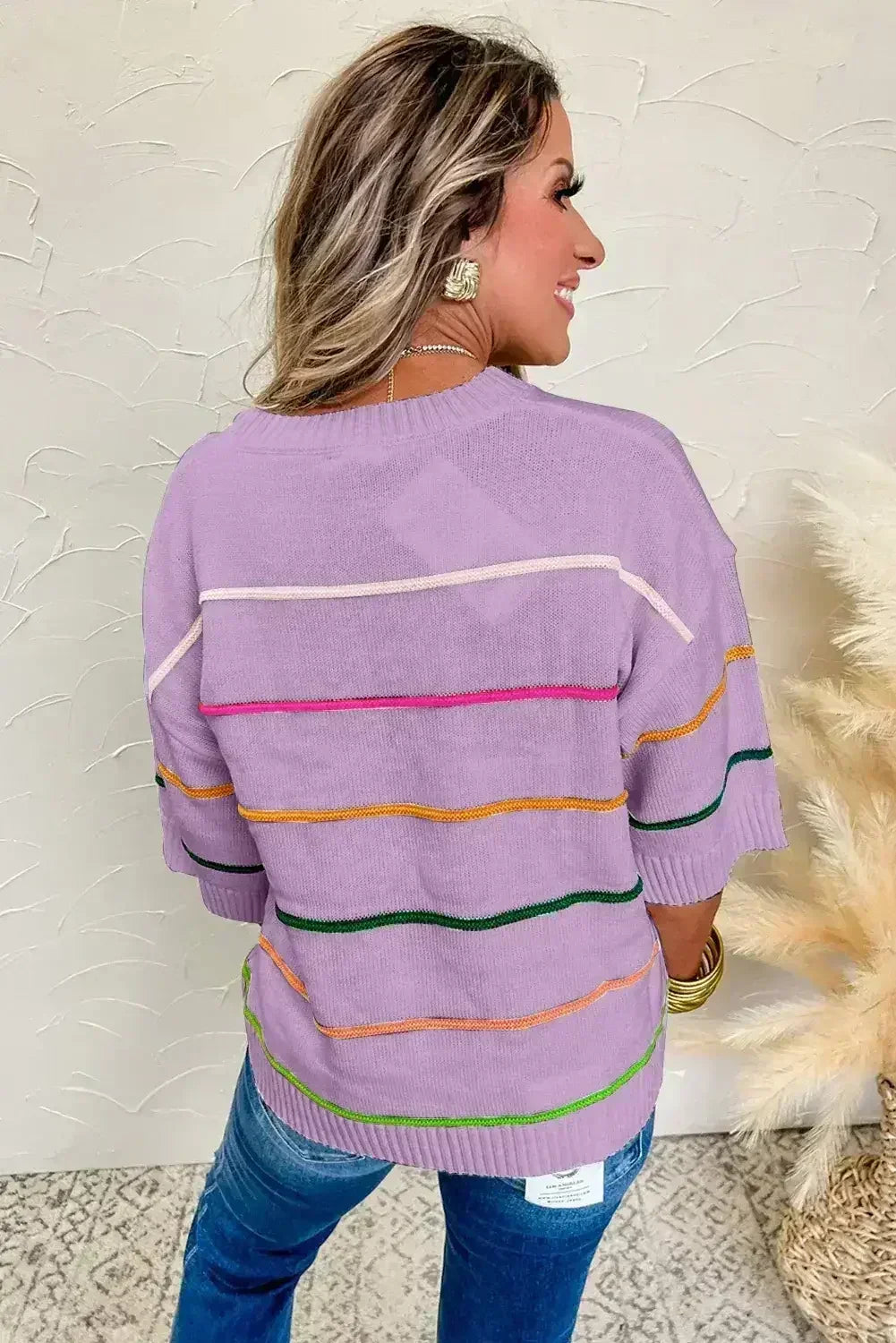 White Striped Half Sleeve Drop Shoulder Sweater