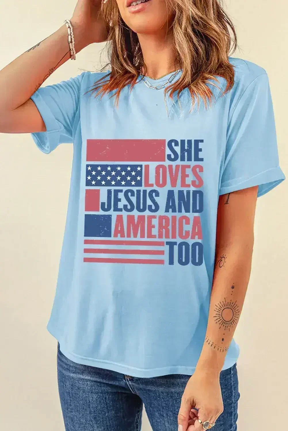 Light Blue SHE LOVES JESUS AND AMERICA TOO Patriotic T Shirt