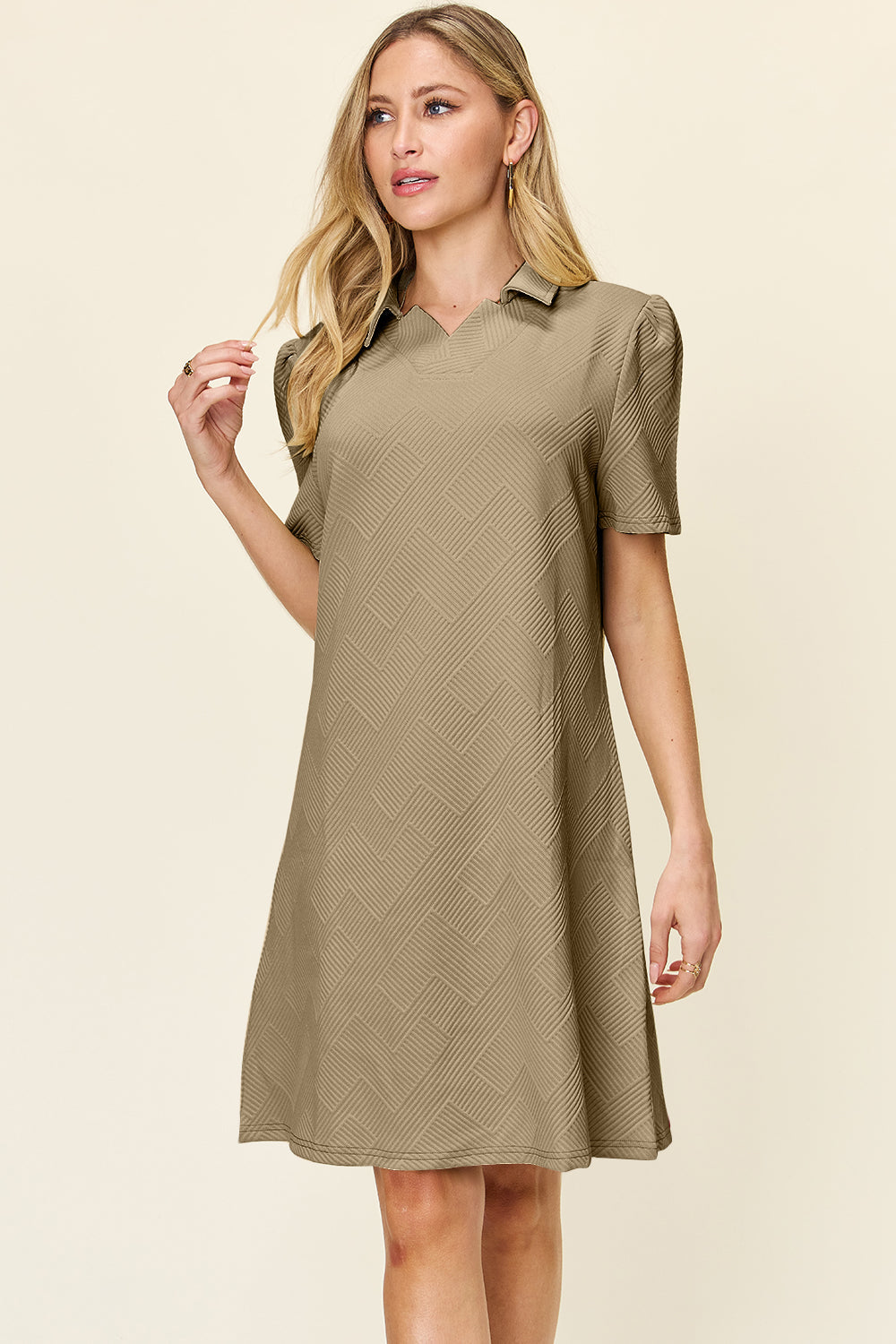 Double Take Full Size Texture Collared Neck Short Sleeve Dress Textured Dress For Women