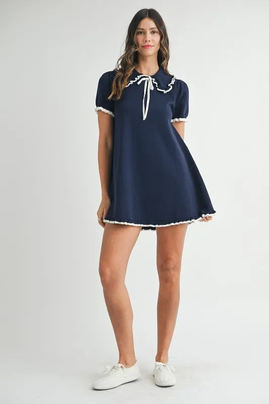 Ruffle Trimmed Collar Fine Knit Mini Dress For Women – Ruffle Mini Dress, Fine Knit Dress, Collar Dress, Feminine Mini Dress, Chic Knit Dress
