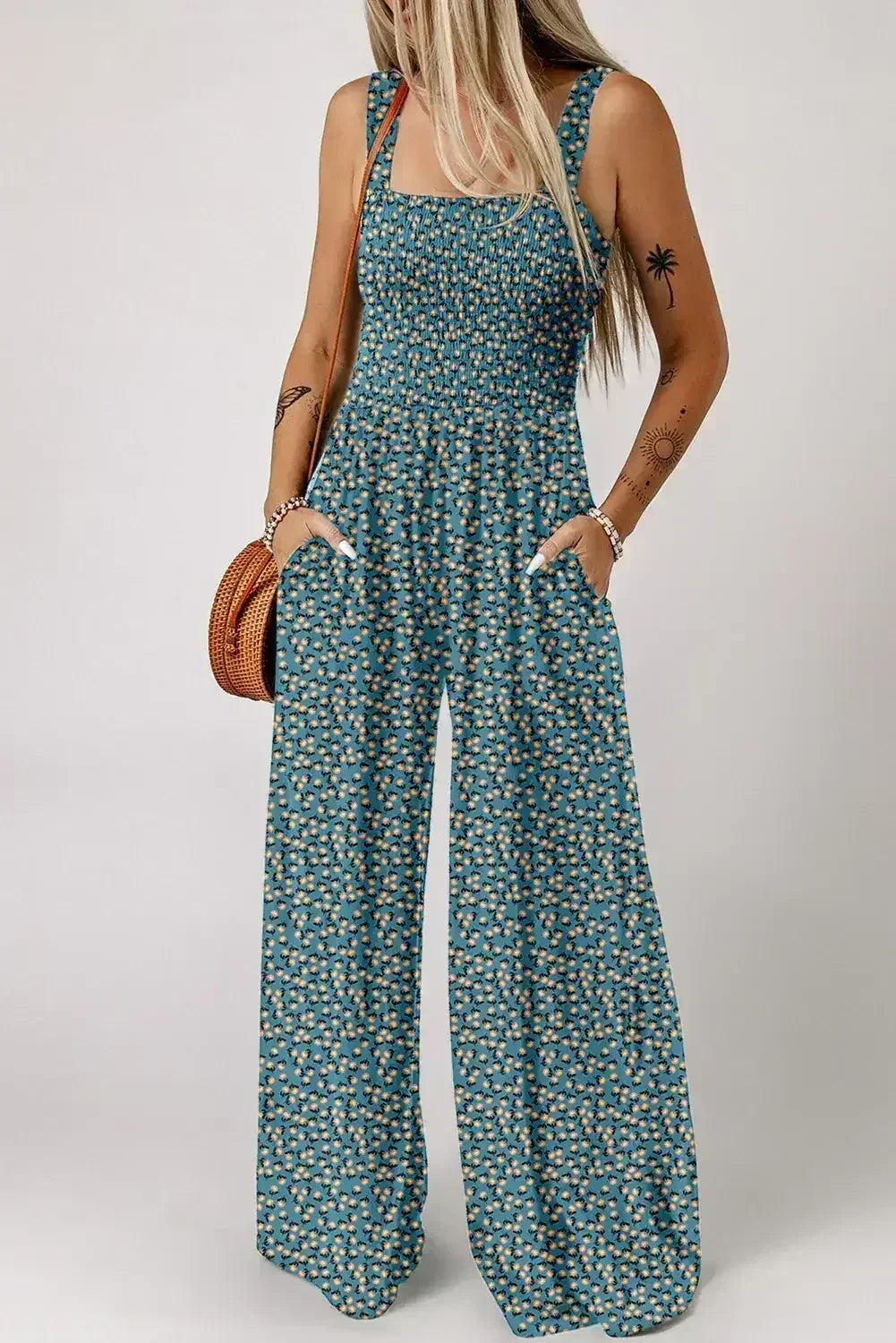 Purple Floral Square Neckline Stretch High Waist Jumpsuit
