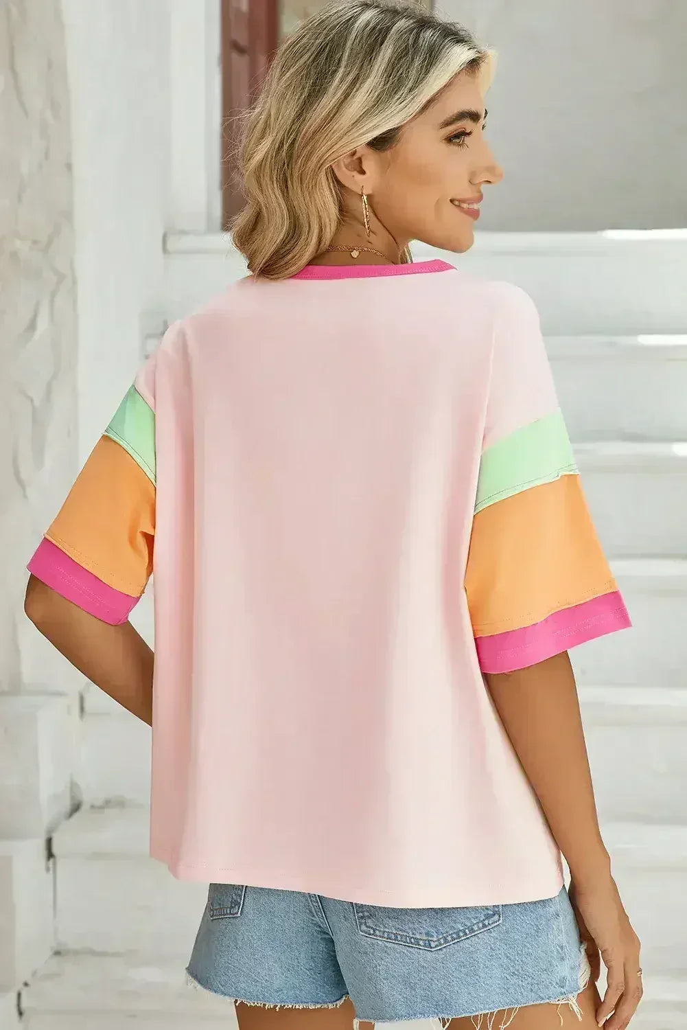 Light Blue Color Block Sleeve Round Neck Oversize Top