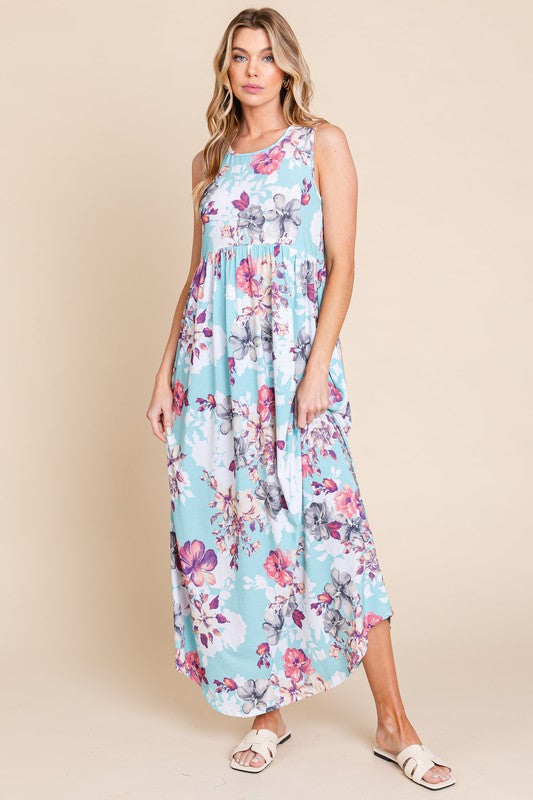New Floral Round Neck Sleeveless Maxi Dress with Pockets For Women – Elegant Floral Print Dress with Flowing Silhouette and Functional Pockets