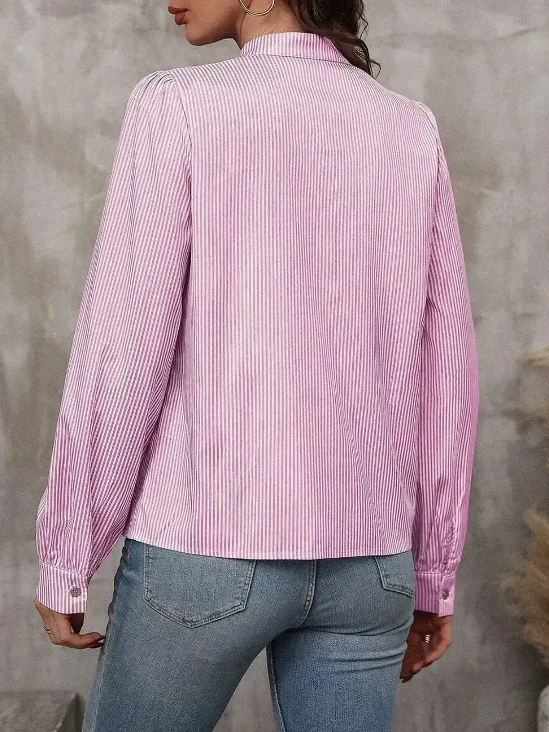 Striped Tie Neck Long Sleeve Blouse – Femstylo