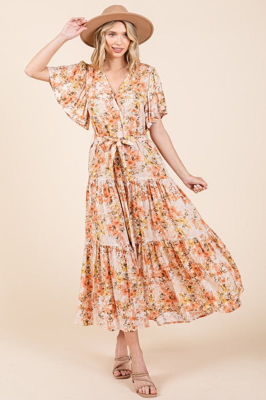 New Summer Floral Tie Waist Flutter Sleeve Tiered Dress – Graceful and Feminine Dress with Bohemian Charm and Flattering Tie Waist
