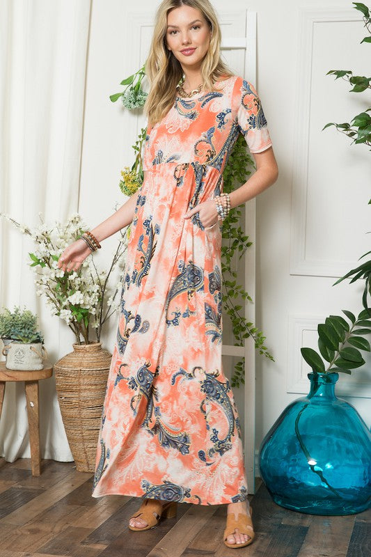 Celeste Paisley Print Short Sleeve Maxi Dress with Pockets Effortlessly Stylish, Fluttering, Comfortable, and Versatile with Pockets for Added Convenience