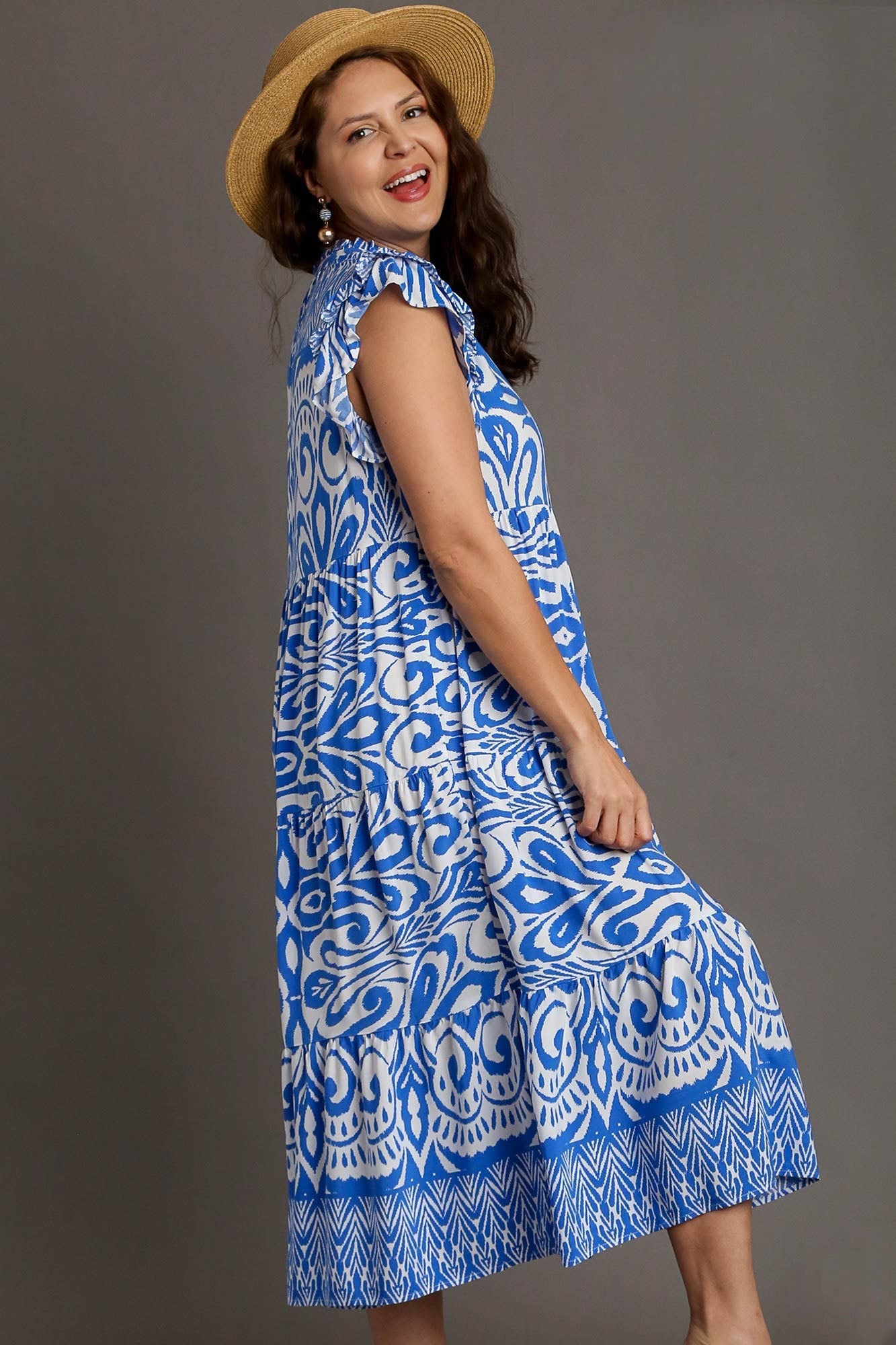 Blue Full Size Two-Tone Print Ruffle Cap Sleeve Midi Dress Plus Size Statement Piece Dress