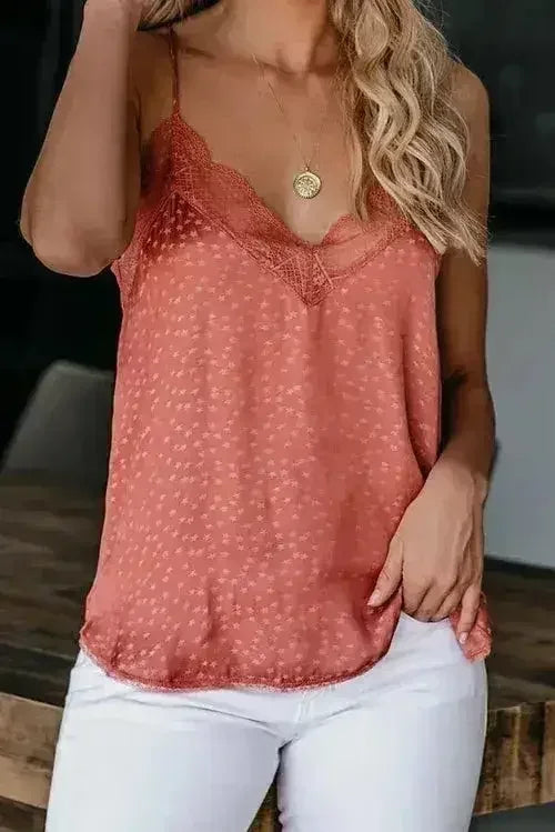 Spaghetti Strap Printed Lace Tank Top