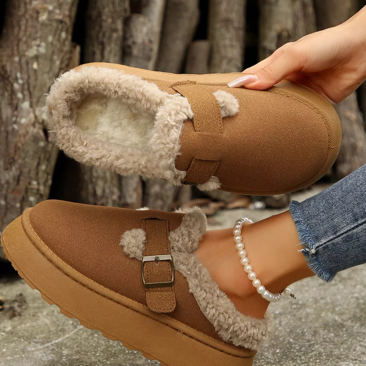 Fuzzy Trim Buckle Platform Slippers