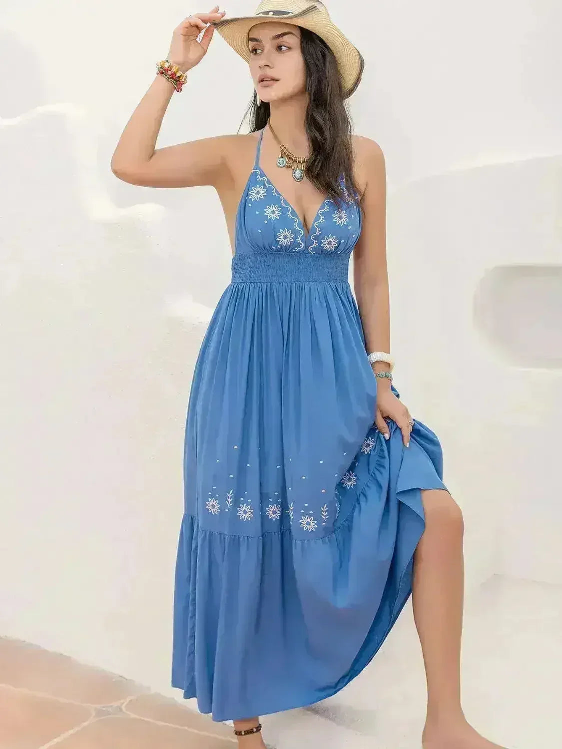 Printed Halter Neck Maxi Dress - Flowy Viscose Vacation Style | Femstylo