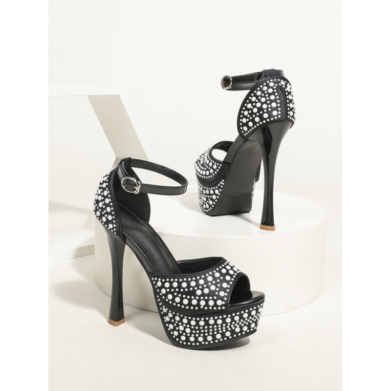 Waterproof Platform Pearl Ankle Strap High Heels