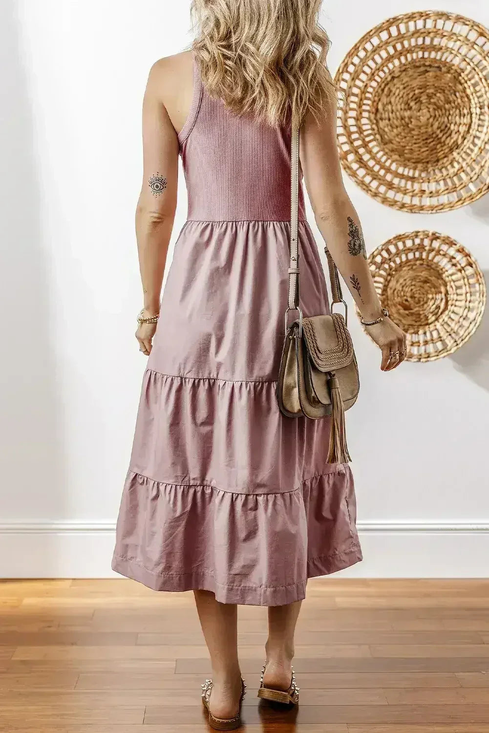 Sepia Rose Ribbed Vest Patchwork Tiered Midi Dress