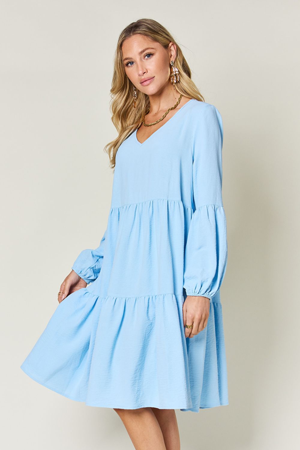 Light Green Double Take Full Size V-Neck Sleeve Tiered Dress with Pockets Elegant & Comfortable Casual Dress