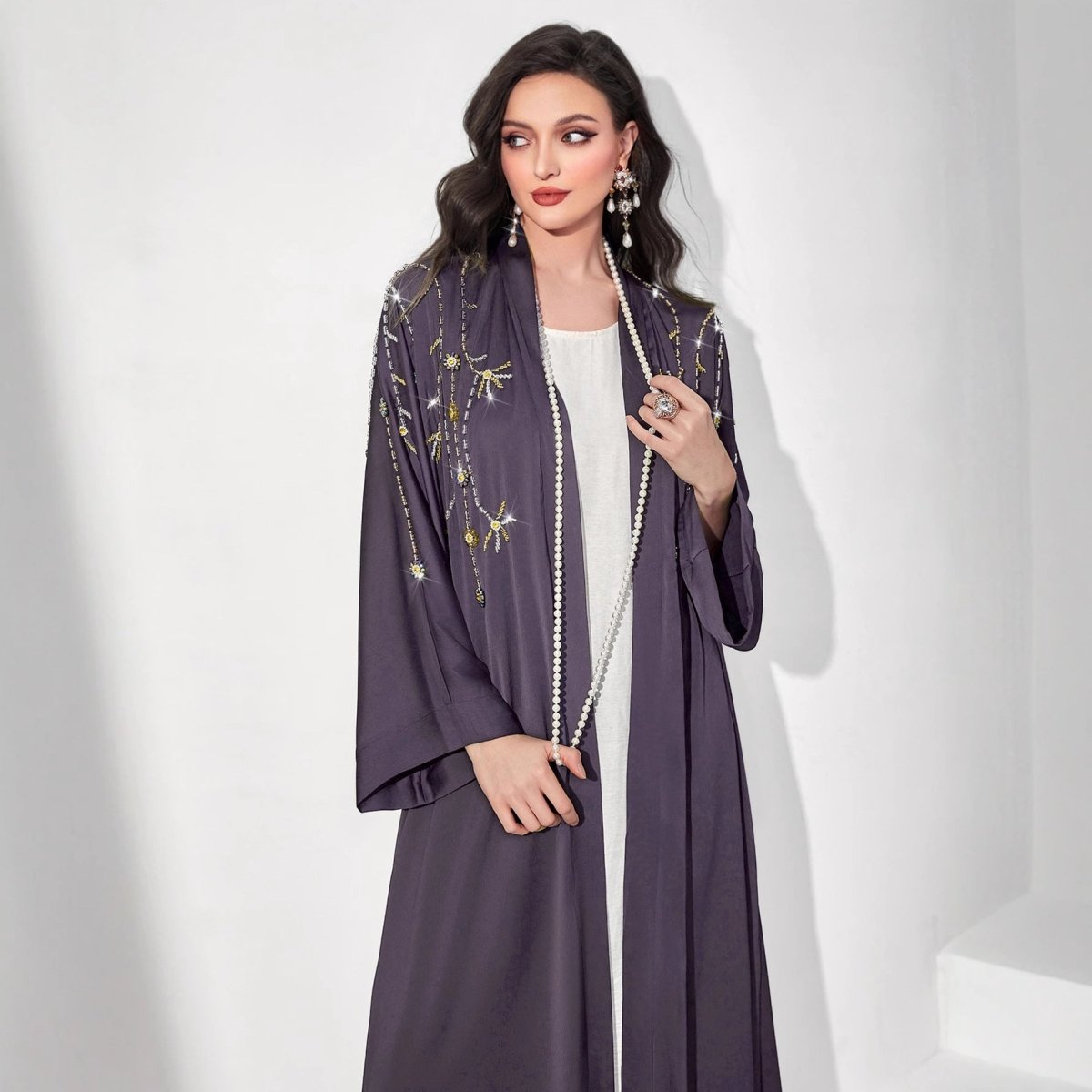 Beaded Floral Vine Abaya | Open-Front Embellished Cardigan (MOA268)