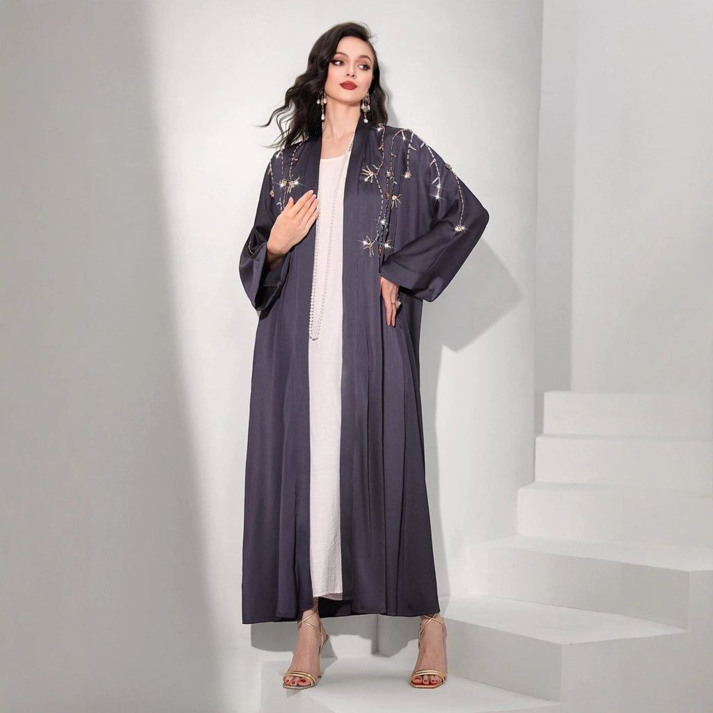 Beaded Floral Vine Abaya | Open-Front Embellished Cardigan (MOA268)