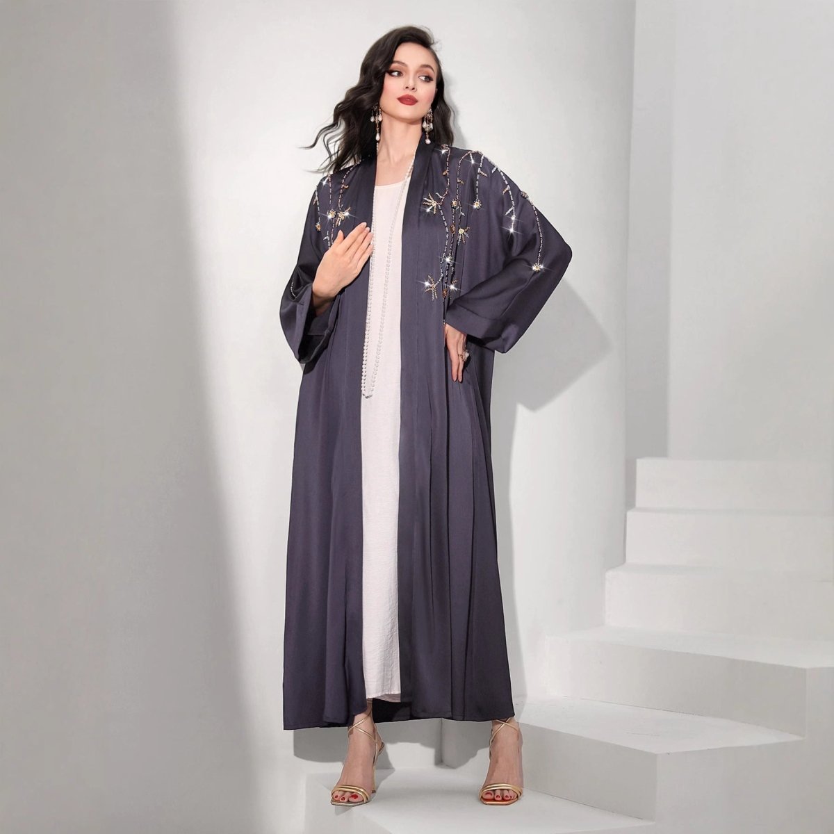 Beaded Floral Vine Abaya | Open-Front Embellished Cardigan (MOA268)