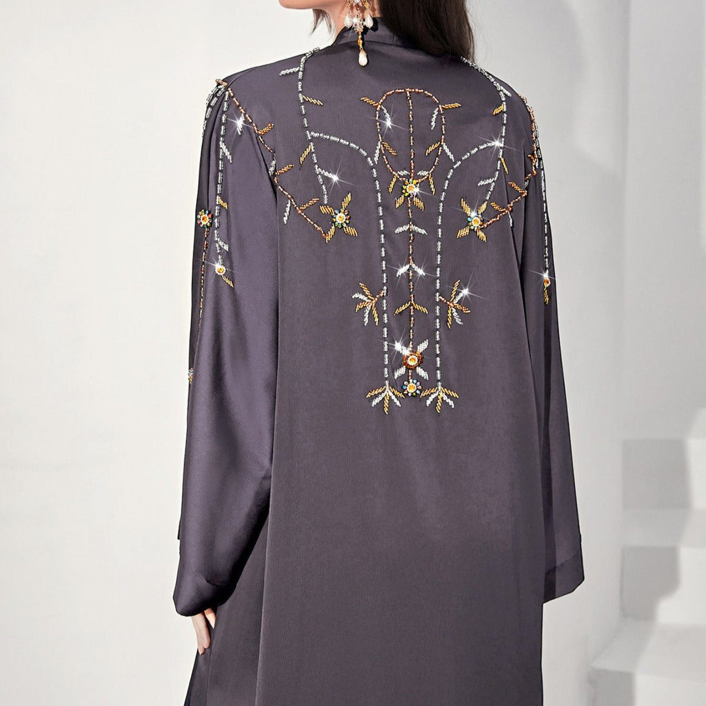 Beaded Floral Vine Abaya | Open-Front Embellished Cardigan (MOA268)