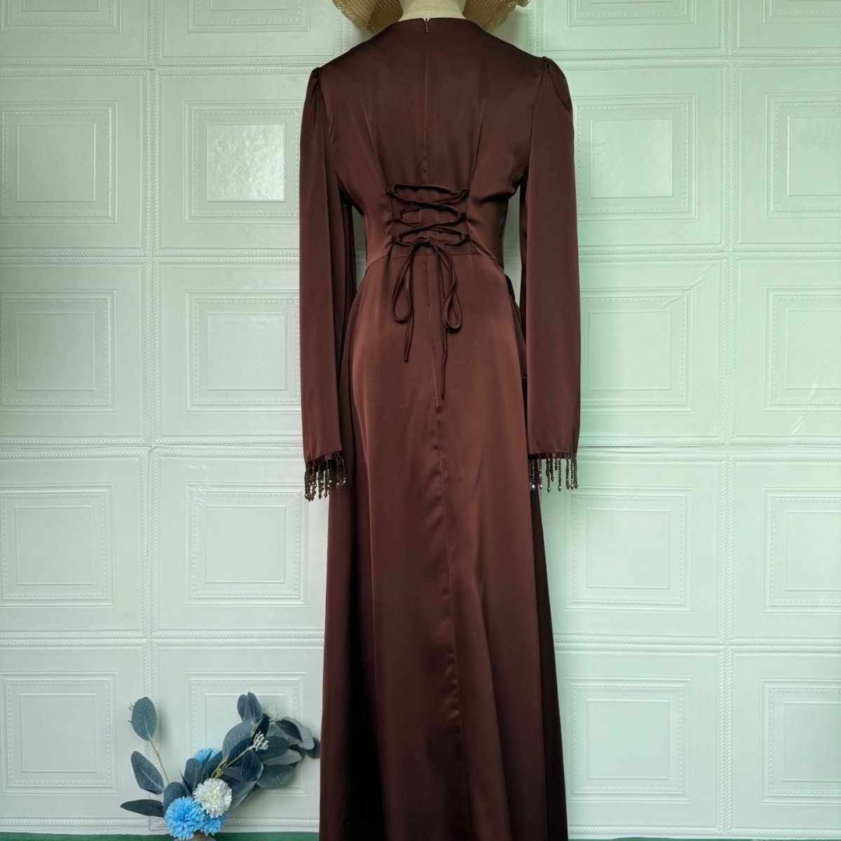 Beaded Fringe Cuff Maxi Dress(MS480)
