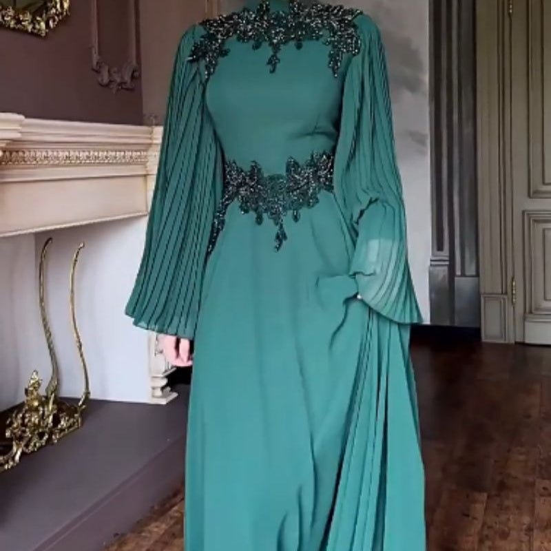 Beaded Lace Evening Gown | Pleated Sleeve Maxi Dress with Crystal Applique(MA346)